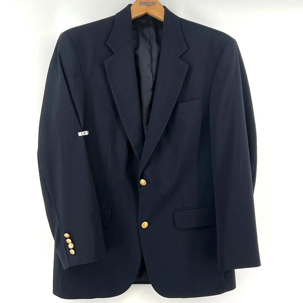 Vtg Lands End Wool Blazer Mens 40R Navy Gold Buttons Sport Coat Preppy Ivy Money